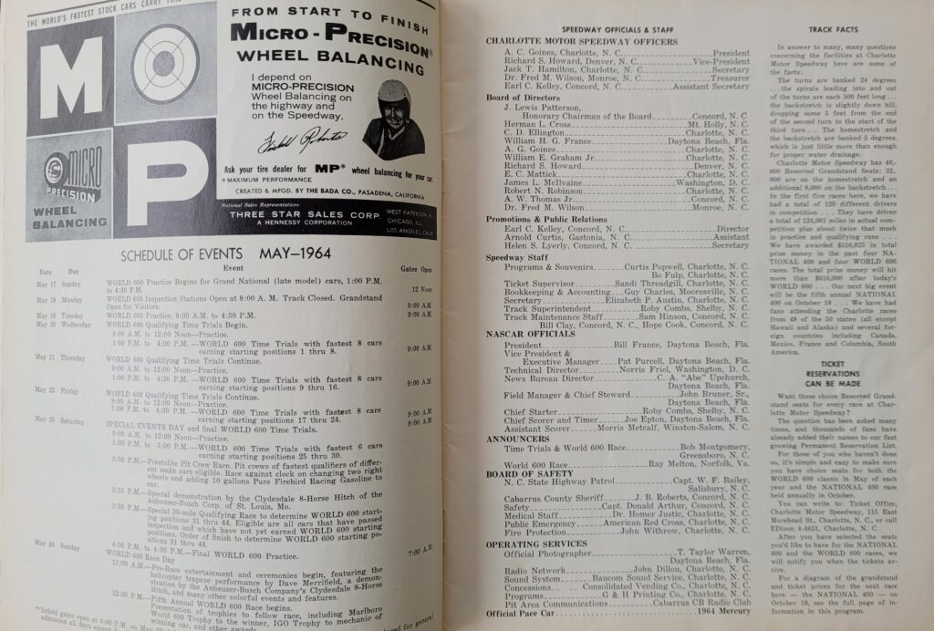 1964 NASCAR Charlotte World 600 Program Schedule of Events