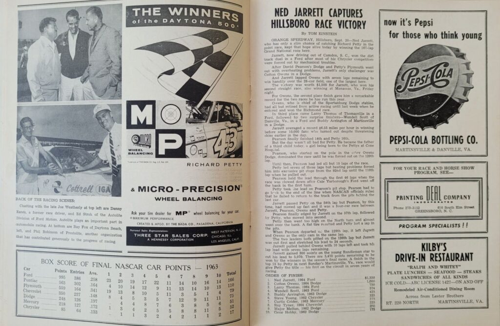 1964 NASCAR Martinsville Old Dominion 500 Program - Hillsboro Ned Jarrett Win