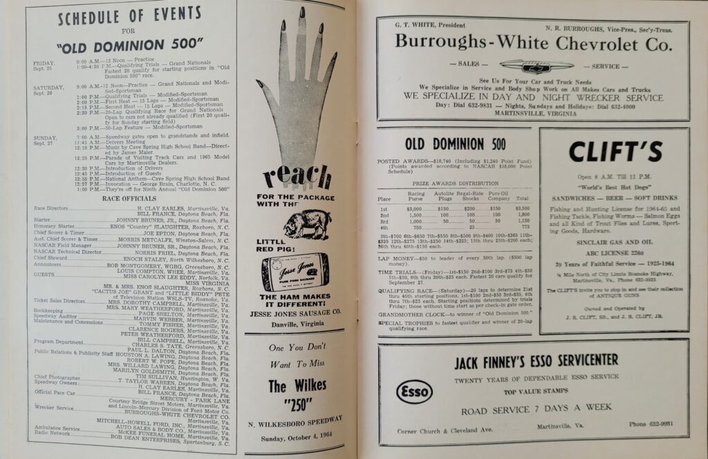 1964 NASCAR Martinsville Old Dominion 500 Program - Schedule of Events