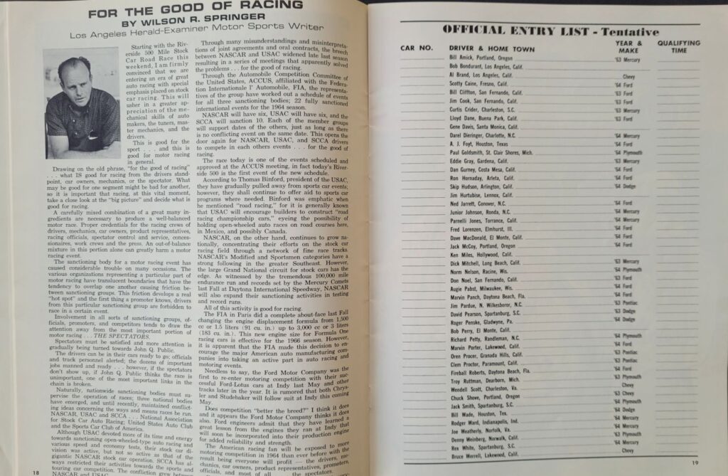 1964 NASCAR Riverside Motor Trend 500 Program - Entry List