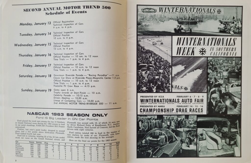 1964 NASCAR Riverside Motor Trend 500 Program - Schedule of Events