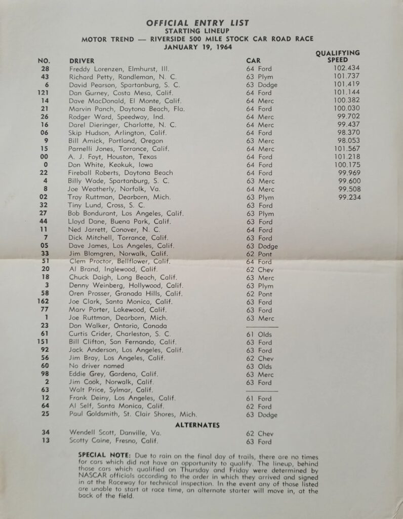 1964 NASCAR Riverside Motor Trend 500 Starting Lineup