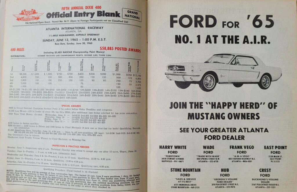 1965 NASCAR Atlanta Dixie 400 Program - Entry Blank