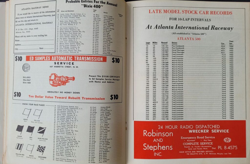 1965 NASCAR Atlanta Dixie 400 Program - Probable Entries