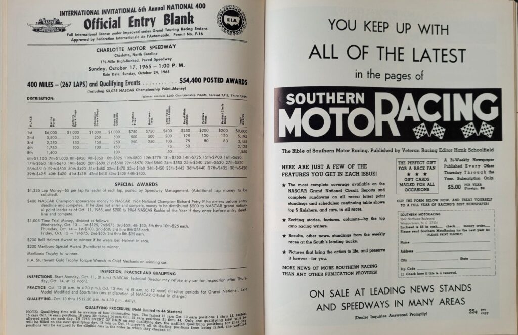 1965 NASCAR Charlotte National 400 Program - Entry Blank