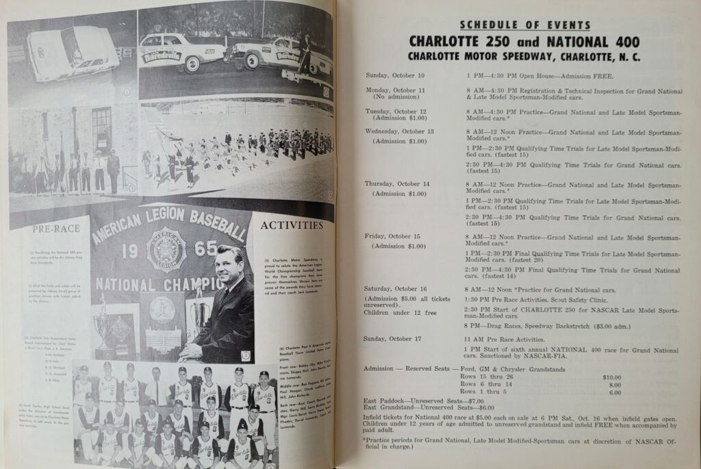 1965 NASCAR Charlotte National 400 Program - Schedule of Events