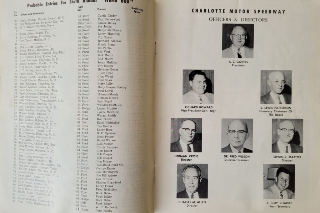 1965 NASCAR Charlotte World 600 Program - Probable Entries