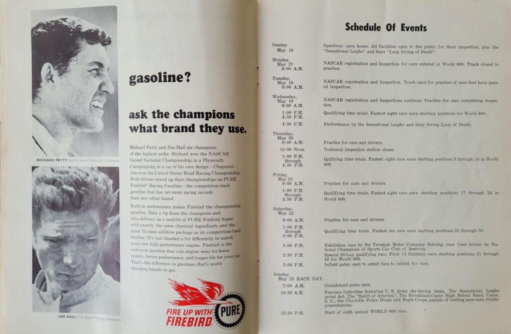 1965 NASCAR Charlotte World 600 Program - Schedule of Events