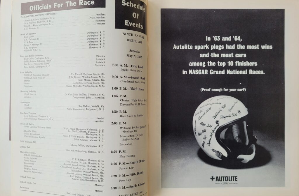 1965 NASCAR Darlington Rebel 300 Program Schedule of Events