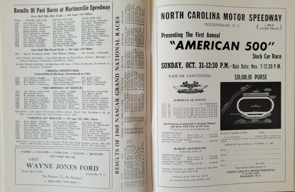 1965 NASCAR Martinsville Virginia 500 Program - Martinsville Results