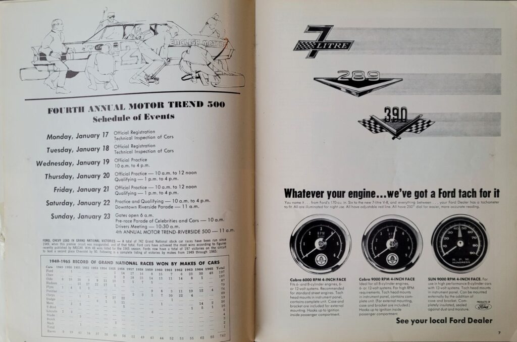 1966 NASCAR Riverside Motor Trend 500 Program Pages 6-7