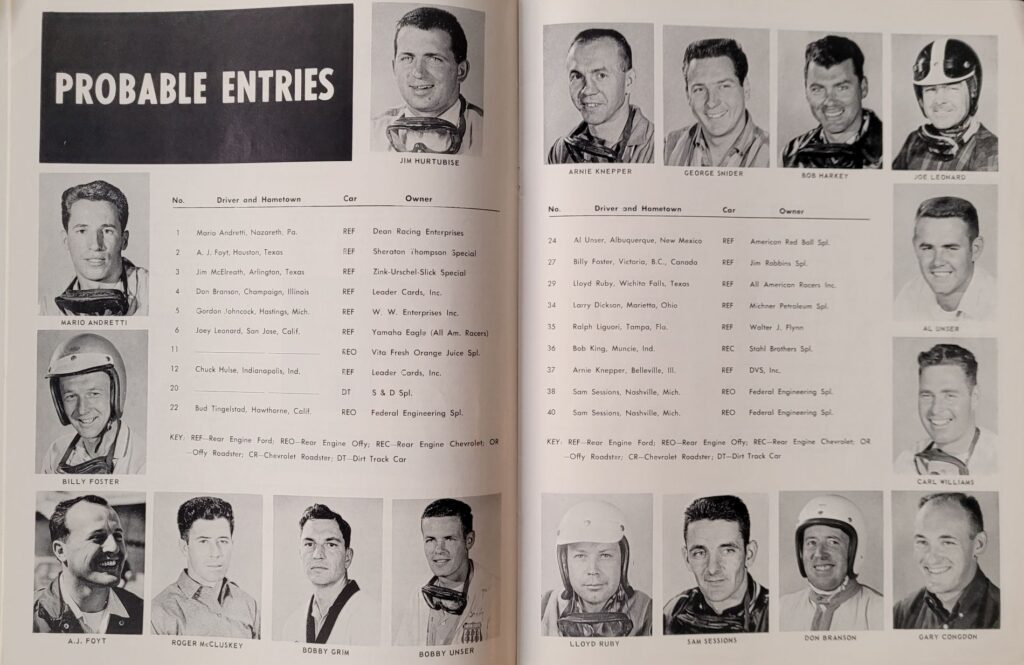 1966 USAC Indianapolis Raceway Park Hoosier Grand Prix Program - Probable Entries