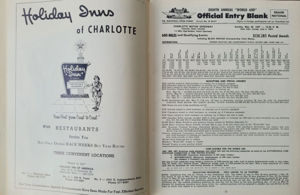 1967 NASCAR Charlotte World 600 Program - Pages 14-15
