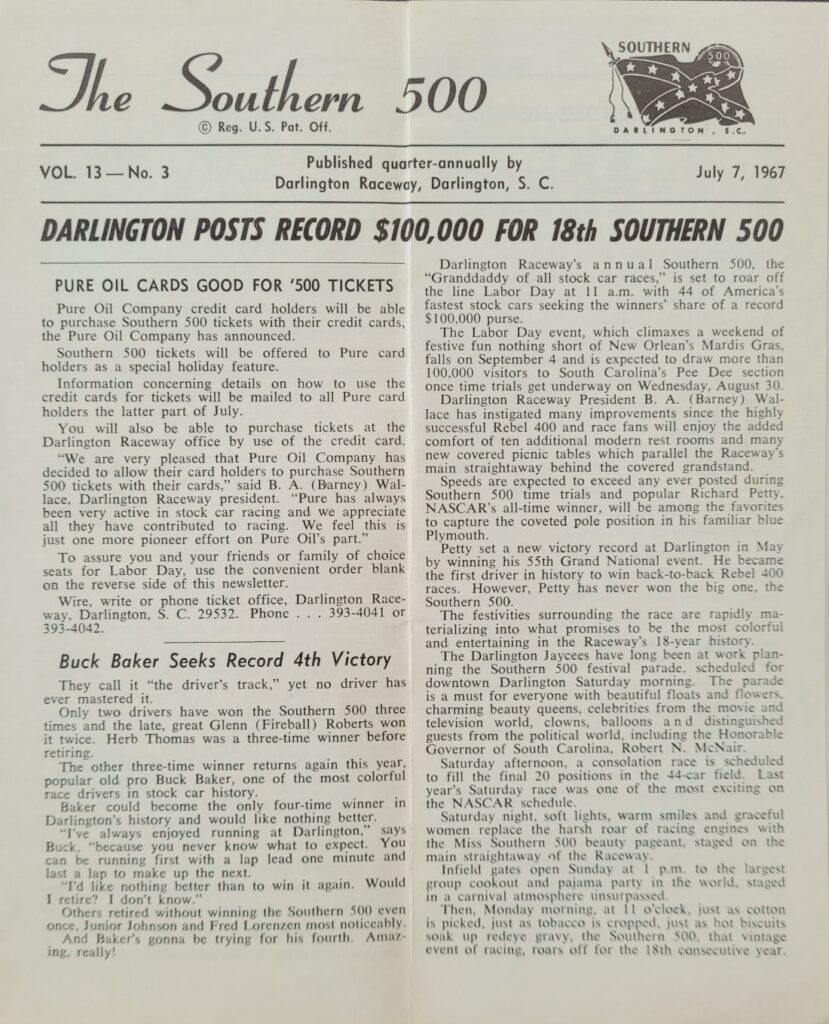 
1967 NASCAR Darlington Southern 500 Newsletter