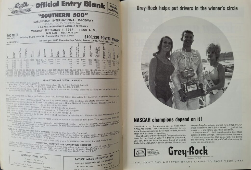 1967 NASCAR Darlington Southern 500 Program - Pages 4-5