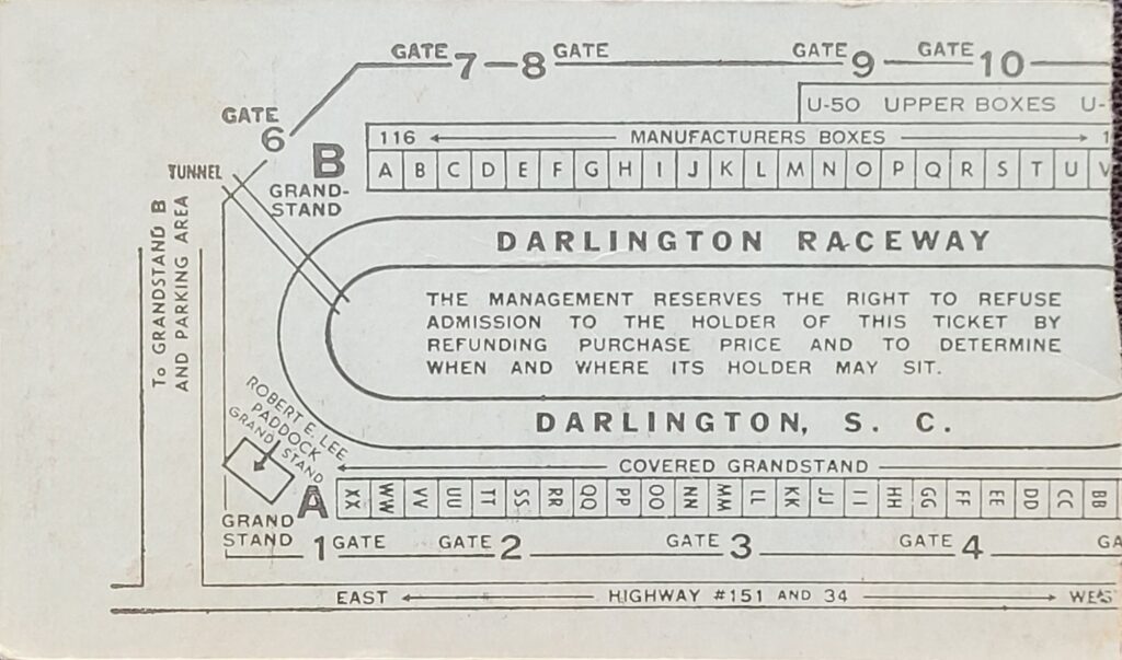 1967 NASCAR Darlington Southern 500 Ticket Stub Back