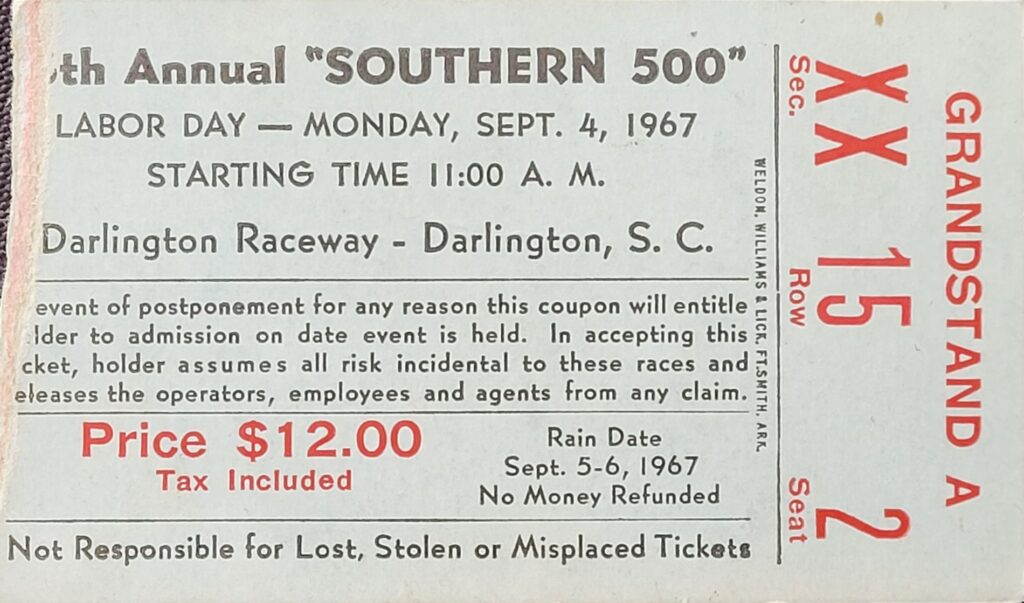 1967 NASCAR Darlington Southern 500 Ticket Stub Front