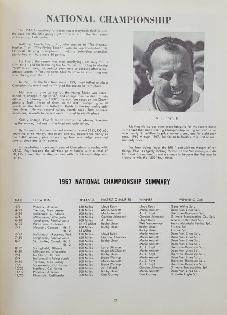 1967 USAC Yearbook - National Championship Summary