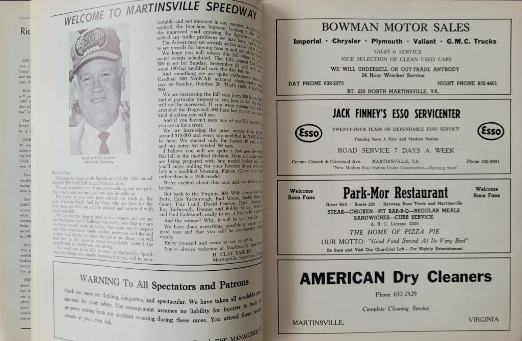 1968 NASCAR Martinsville Virginia 500 Program - Clay Earles