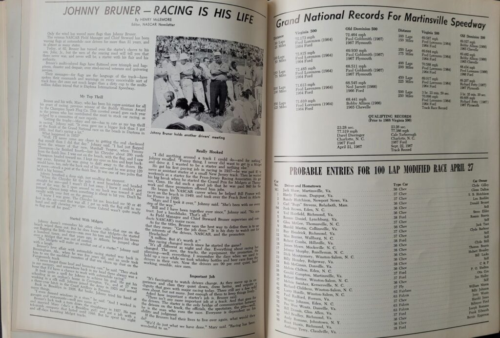 1968 NASCAR Martinsville Virginia 500 Program - Johnny Bruner