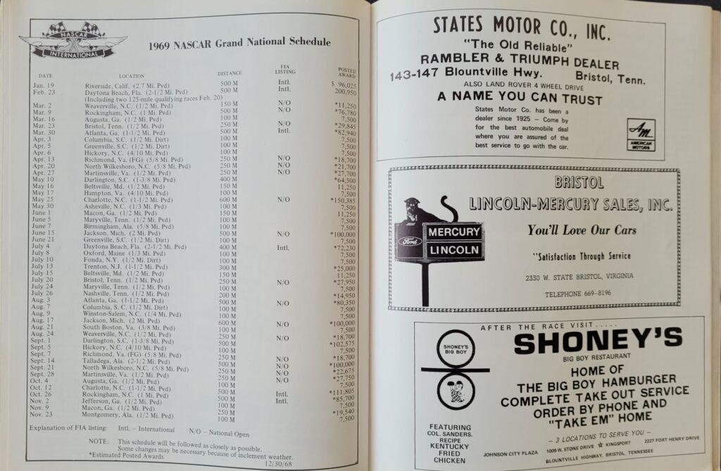 1969 NASCAR Bristol Southeastern 500 Program - 1969 Schedule