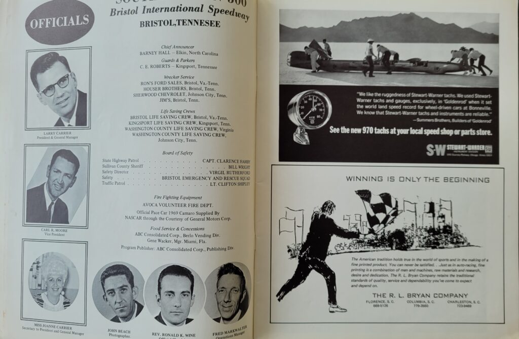 1969 NASCAR Bristol Southeastern 500 Program - Officials