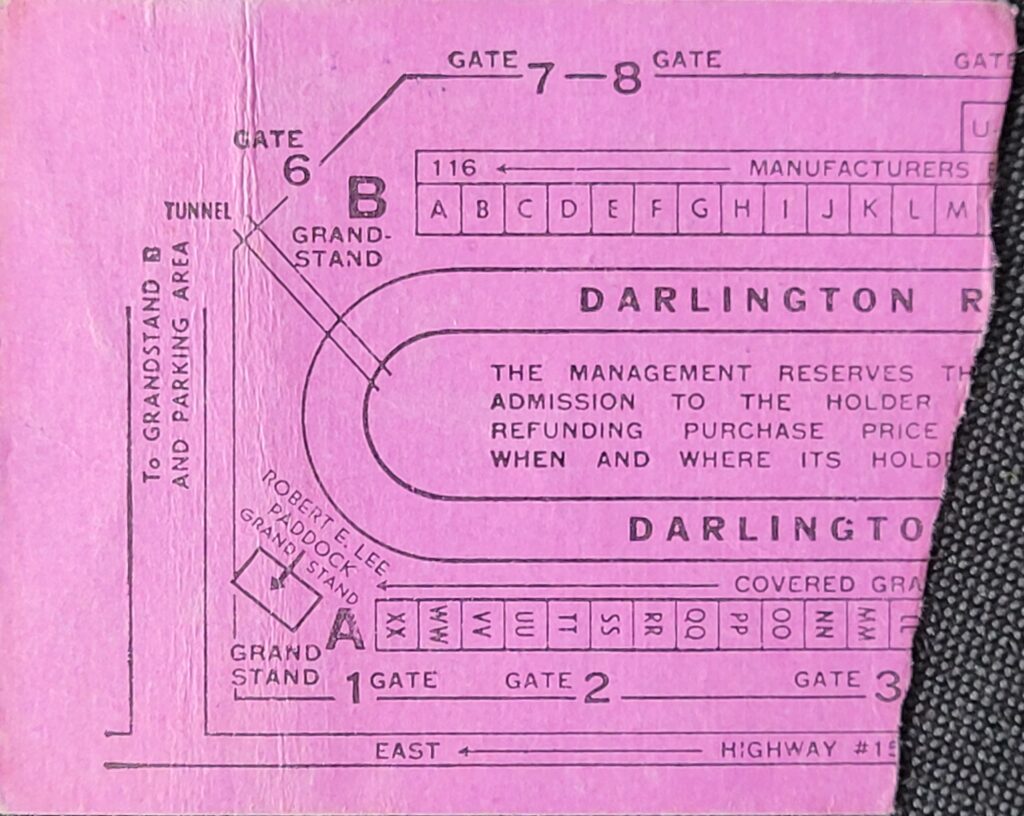 1969 NASCAR Darlington Southern 500 Ticket Stub Back