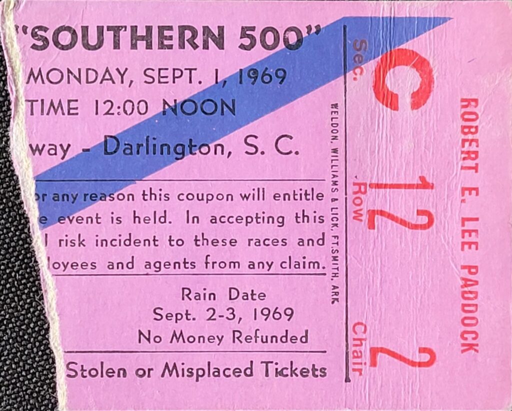 1969 NASCAR Darlington Southern 500 Ticket Stub Front