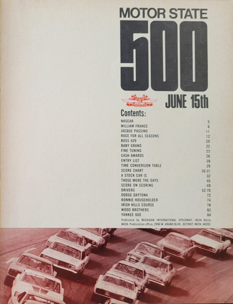 1969 NASCAR Michigan Motor State 500 Program Table of Contents