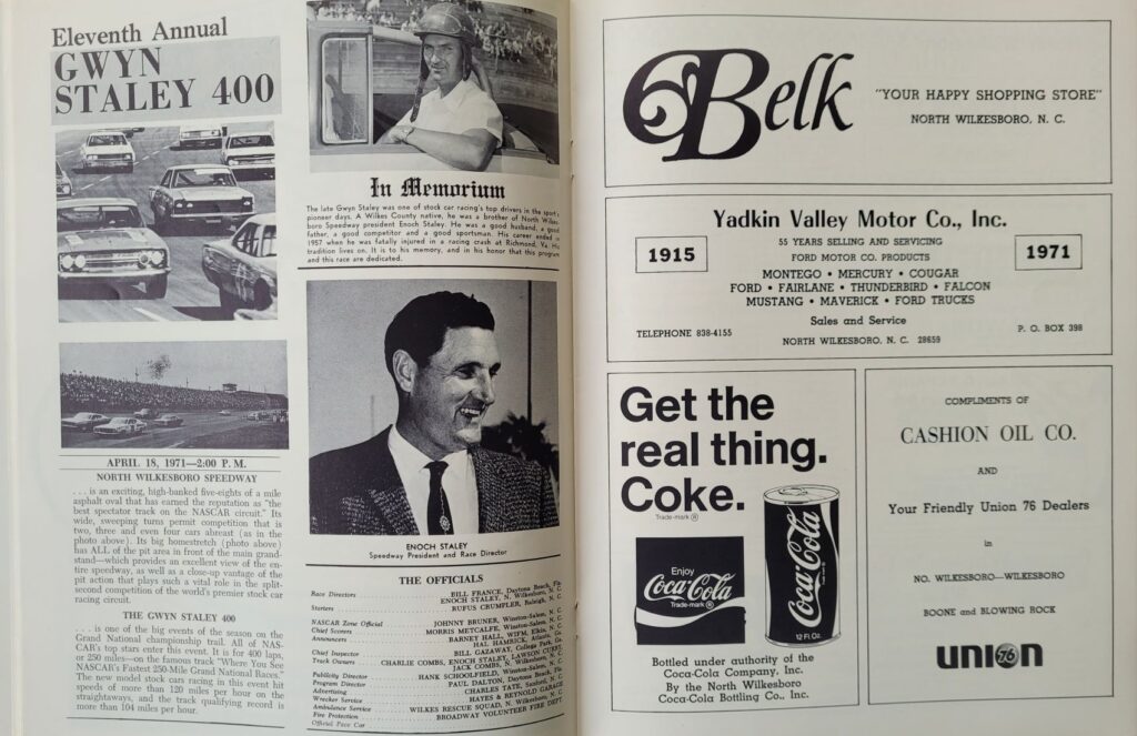 1971 NASCAR North Wilkesboro Gwyn Staley 400 Program - Officials & Staff