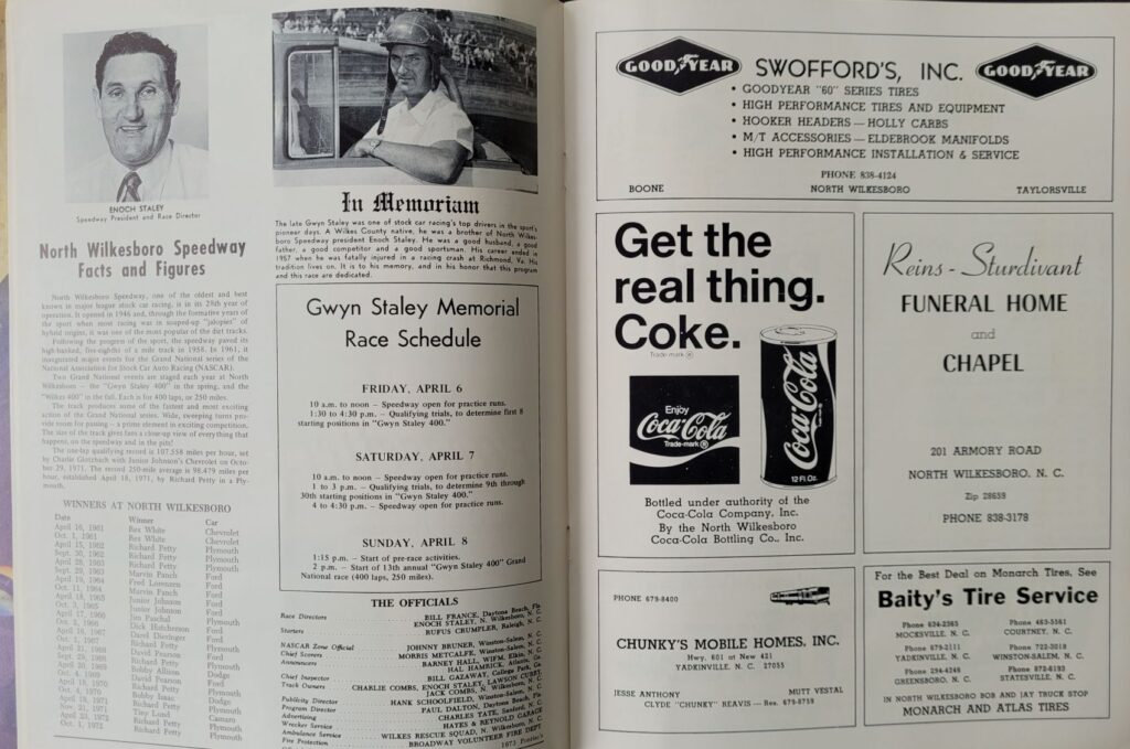 1973 NASCAR North Wilkesboro Gwyn Staley 400 Program - Race Schedule