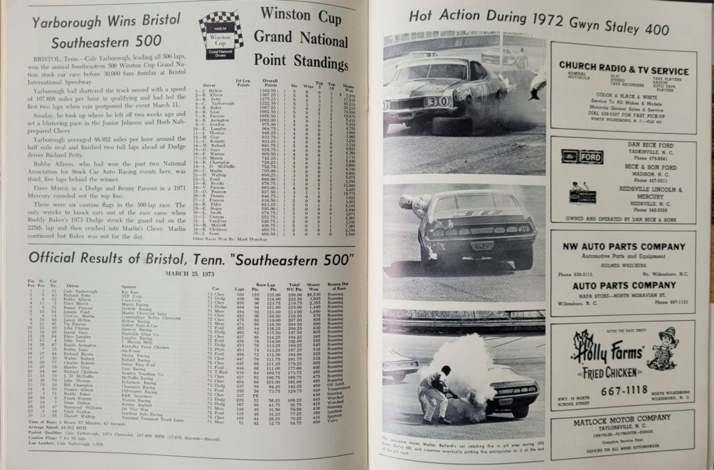 1973 NASCAR North Wilkesboro Gwyn Staley 400 Program - Winston Cup Points