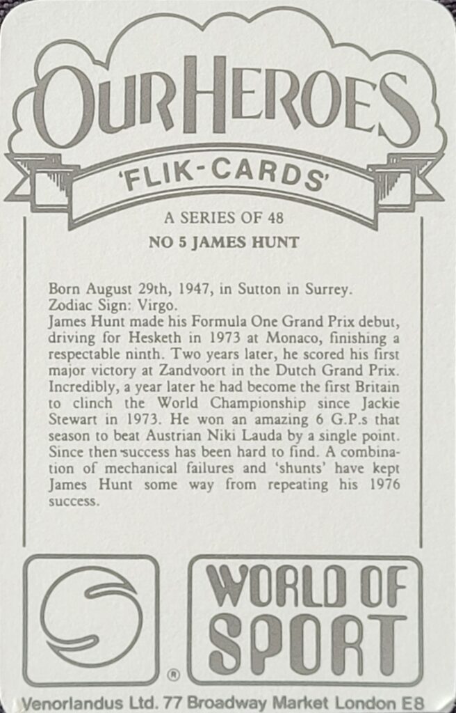 1979 Venorlandus 
"Our Heroes World of Sport" 
Card 5 James Hunt