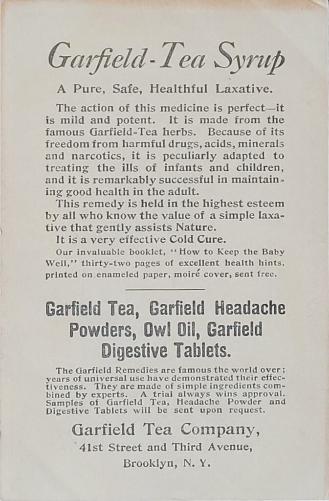1908 Garfield Tea Syrup New York to Paris Trade Card - Back of Card.