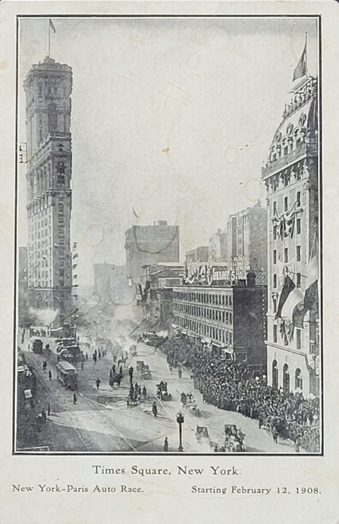 1908 Garfield Tea Syrup New York to Paris Trade Card - Times Square.