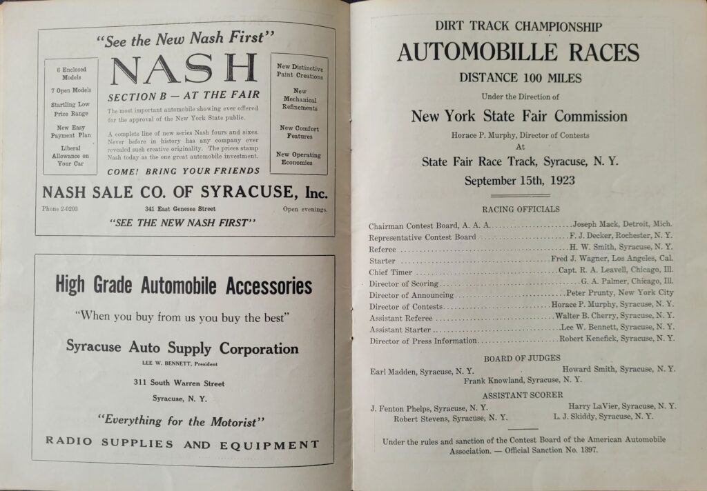 1923 AAA New York State Fair Program - Racing Officials