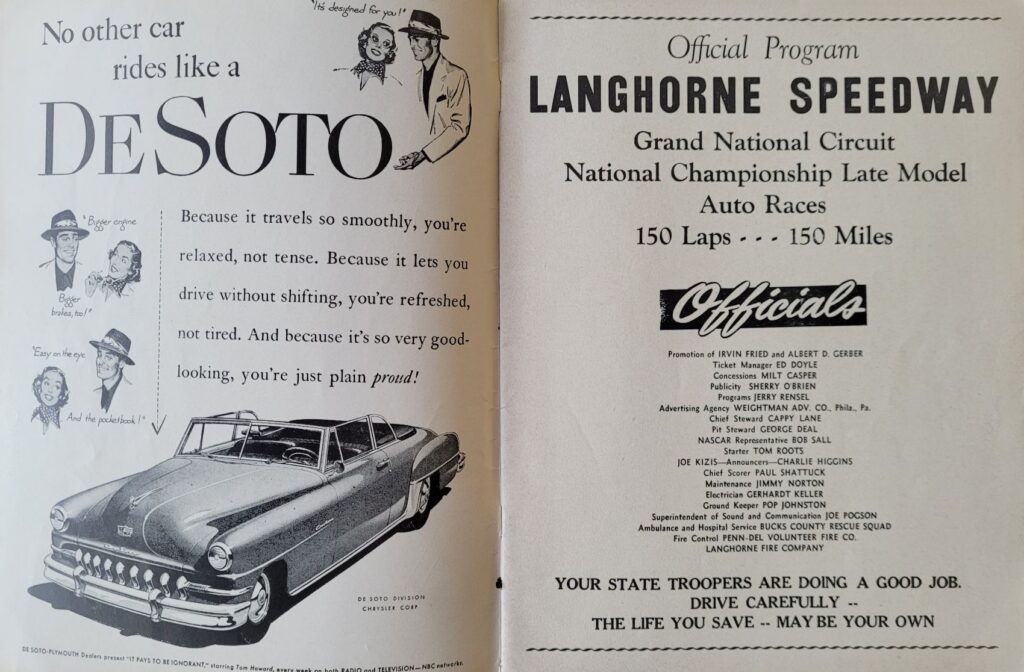 1951 NASCAR Langhorne Speedway Program - Page 1