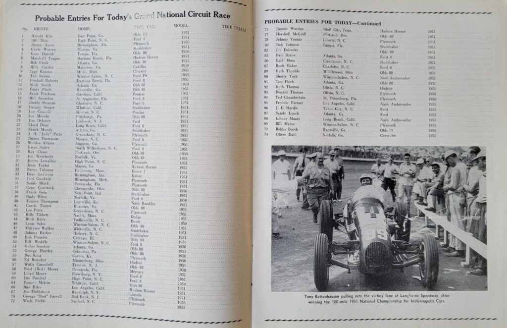 1951 NASCAR Langhorne Speedway Program - Probable Entries