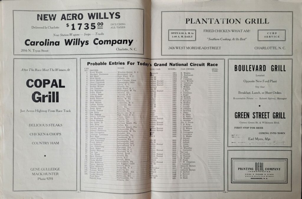 1953 NASCAR Charlotte Speedway Spring Program - Probable Entries