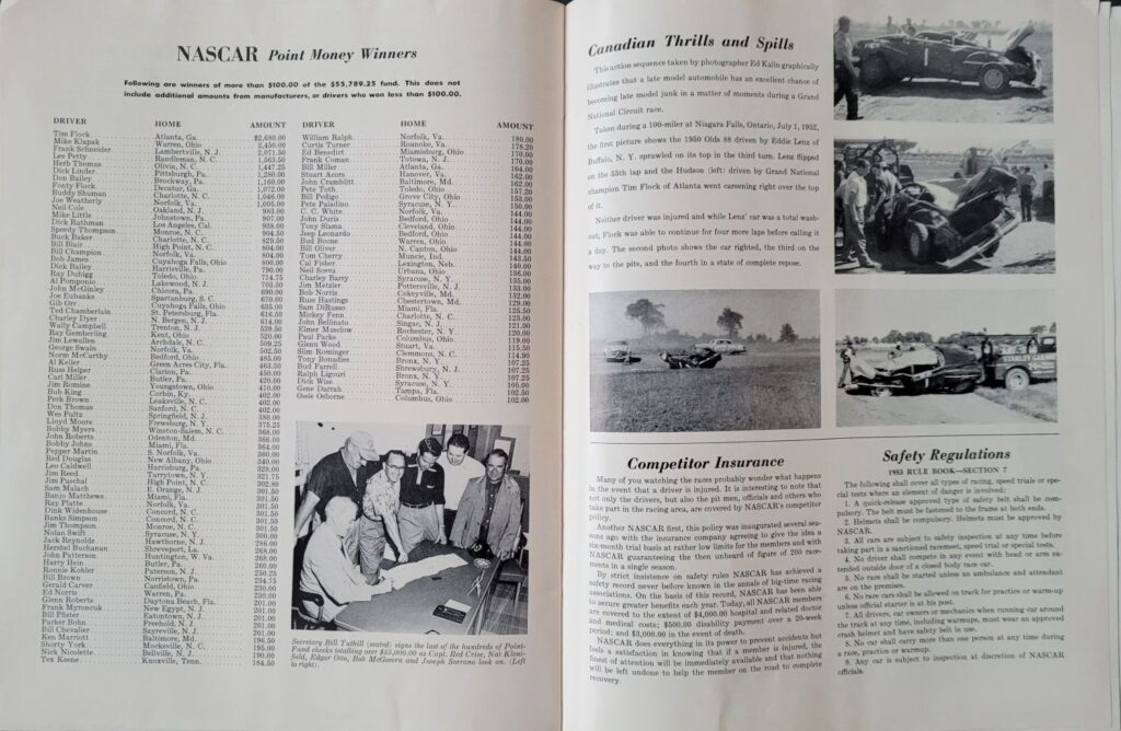 1953 NASCAR Grand National Palmetto (Columbia) Speedway Program - NASCAR Point Money Winners