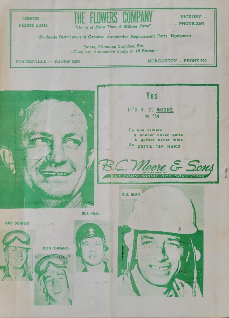 1954 NASCAR Hickory Grand National Program Back Cover