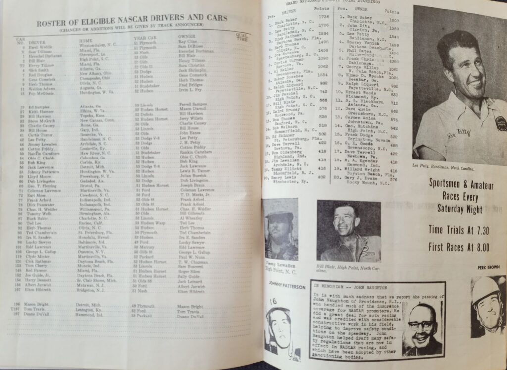 1954 NASCAR Hickory Grand National Program - Eligible Drivers