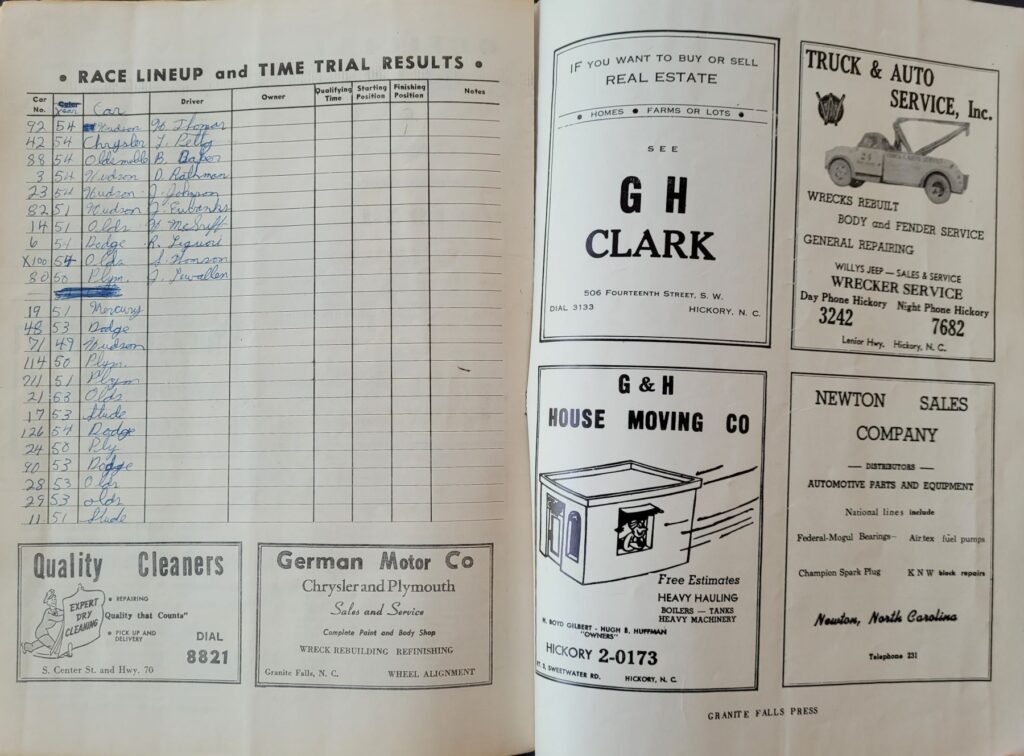 1954 NASCAR Hickory Grand National Program - Eligible Drivers
