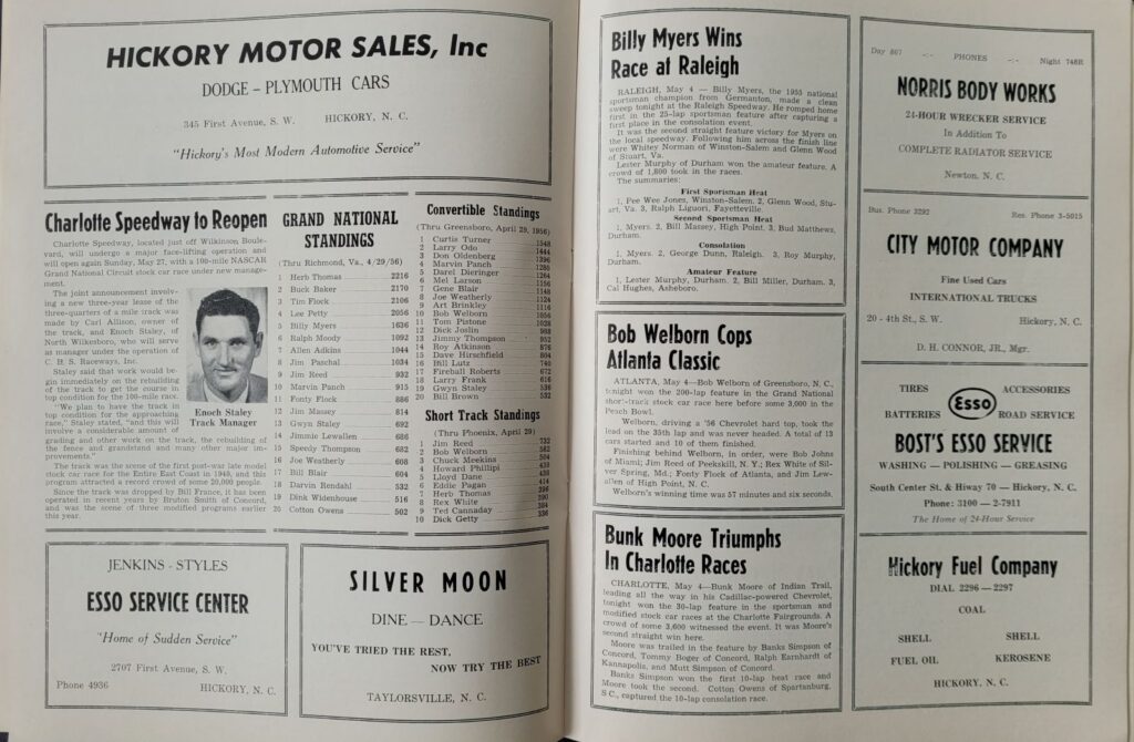 1956 NASCAR GN Hickory Speedway Program - Grand National Standings