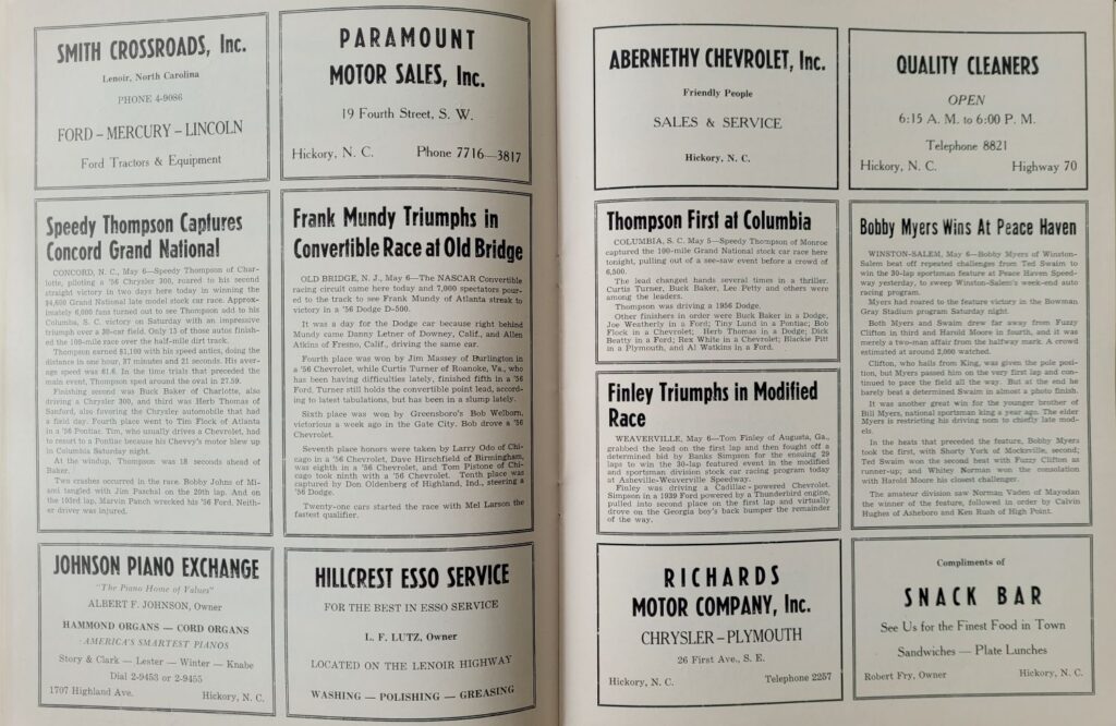 1956 NASCAR GN Hickory Speedway Program - Recent Results