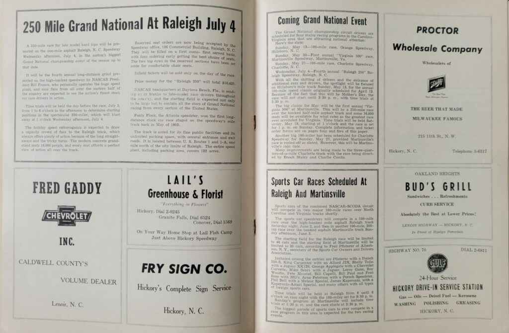 1956 NASCAR GN Hickory Speedway Program - Upcoming Events