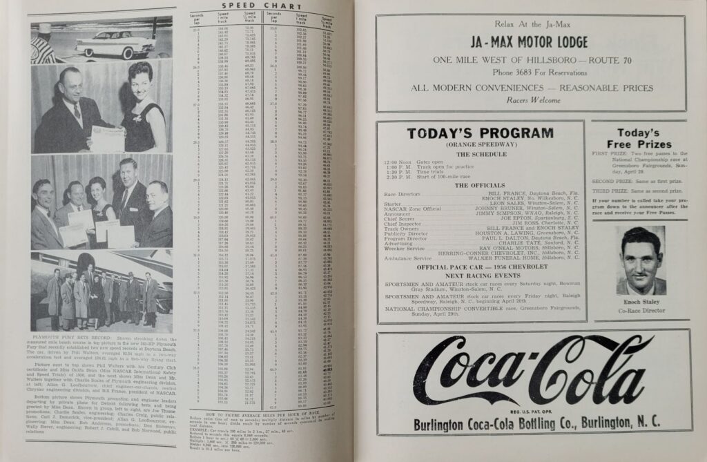 1956 NASCAR GN Orange Speedway Program - Event Schedule