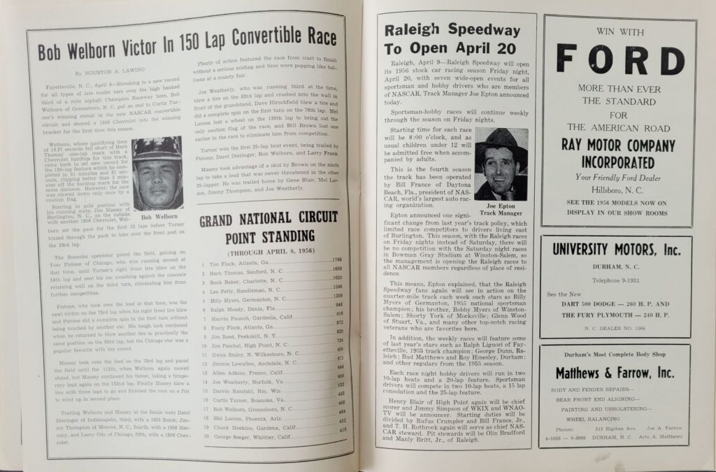 1956 NASCAR GN Orange Speedway Program - Point Standings