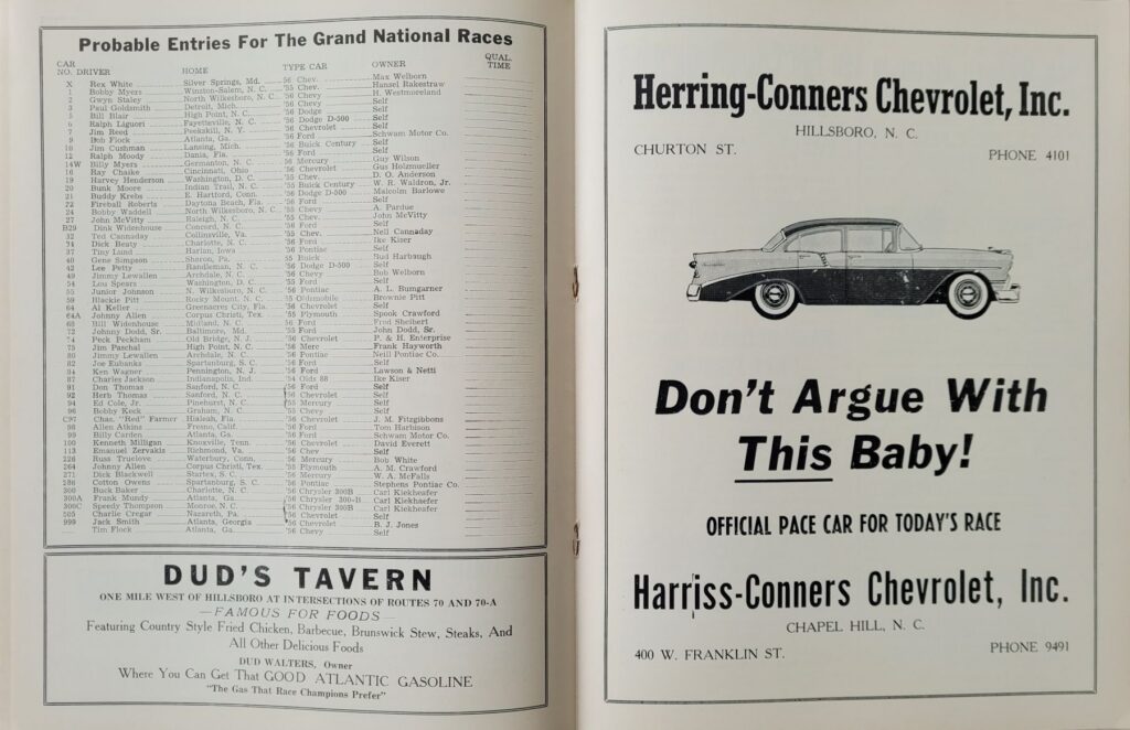 1956 NASCAR GN Orange Speedway Program - Probable Entries
