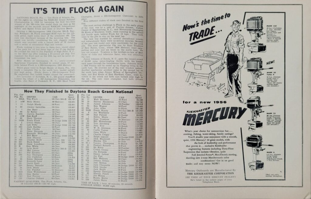 1956 NASCAR Wilson Speedway Grand National Program - Daytona Results & Tim Flock